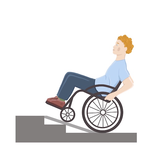 Rysunek chłopca wjeżdżającego na wózku po rampie.